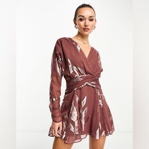 ASOS Design Dress Womens US 8 Mocha Brown Silver Jacquard Floral Mini New